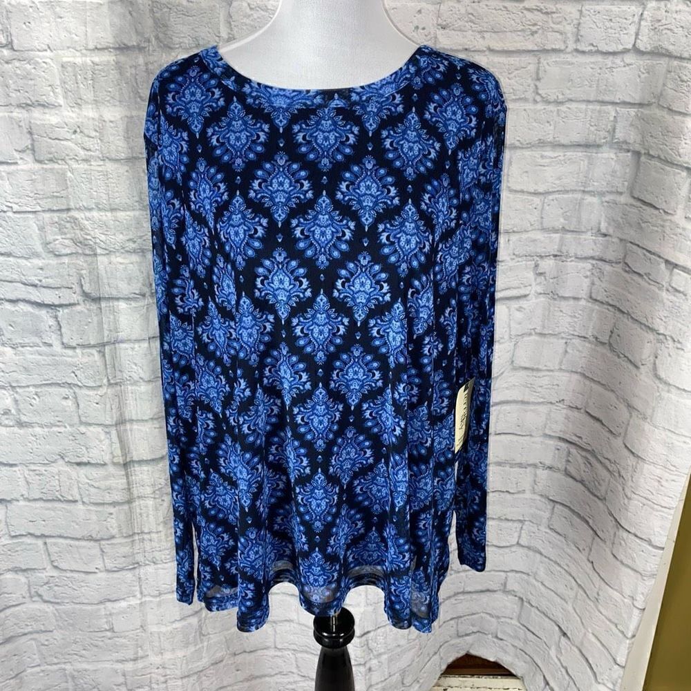 Terra & Sky women 3X 24W-26W scoopneck semi sheer loose fit blouse blue